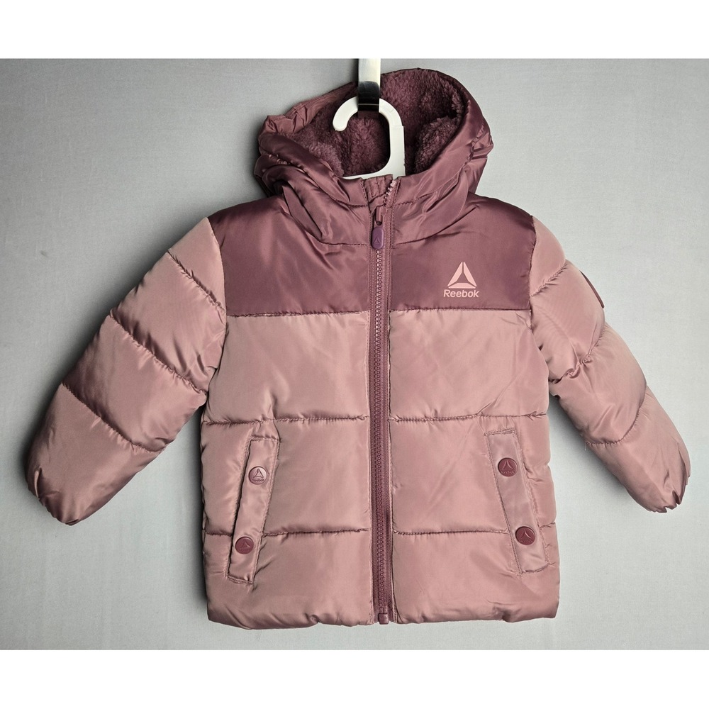 Reebok Baby Girls Pink Mauve Colorblock Puffer Jacket Sherpa Hood 12M